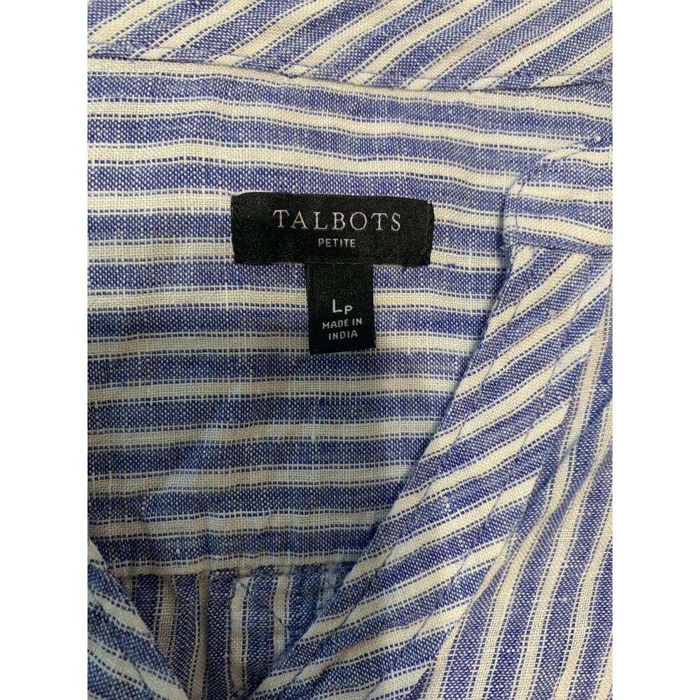 Talbots Linen Top Large Petite Blue Striped Nautical Roll Tab Sleeve Resort - Picture 8 of 10